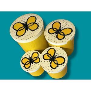 Vintage Yellow Butterfly Canister Set Cho Cho San Japan Lacquerware Metal MCM